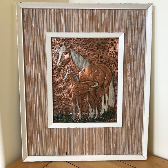 Horse w/ Foal Western Farm Embossed Copper Framed Picture Repousse 16x19 Signed - Picture 1 of 9